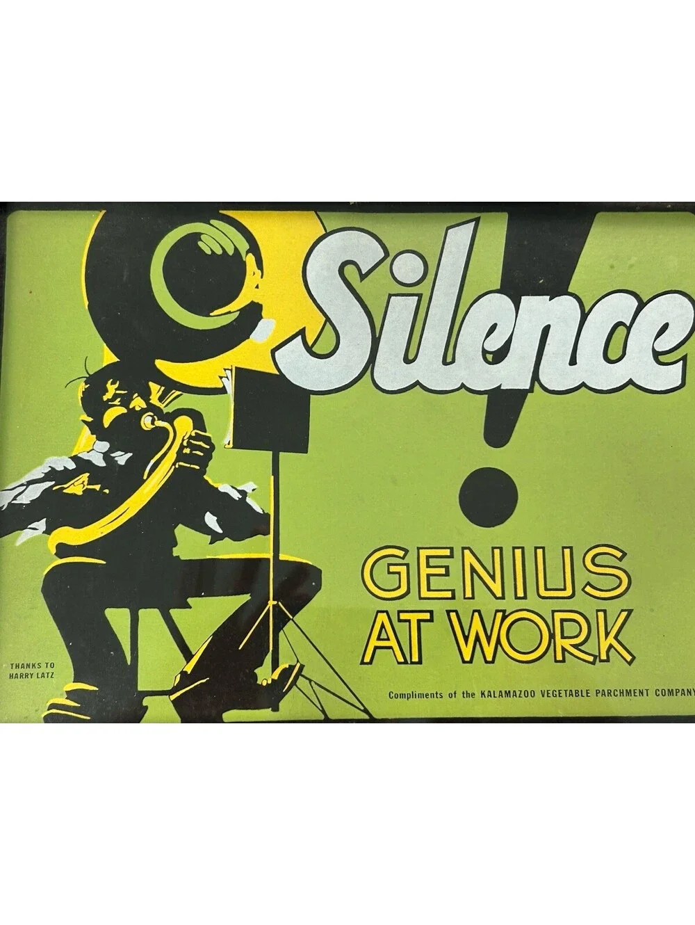 Vintage Silence Genius At Work Sign Framed Kalamazoo Vegetable Parchment 15